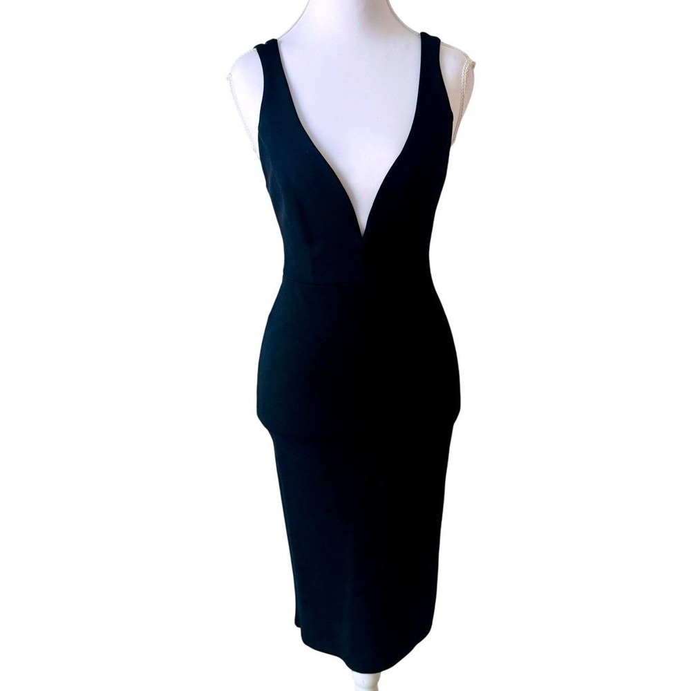 Lulus Bodycon Dress Black Deep V-Neck Open Back Midi Small Made in USA